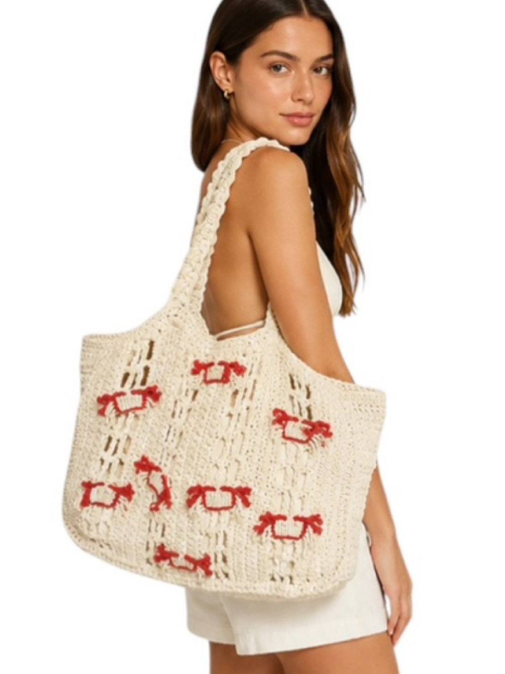 NEW Large Cotton Boho Macrame Crab Tote with Drawstring Liner